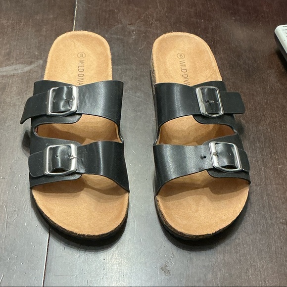 Wild Diva Shoes - Wild Diva Black Sandals with Silver Buckles